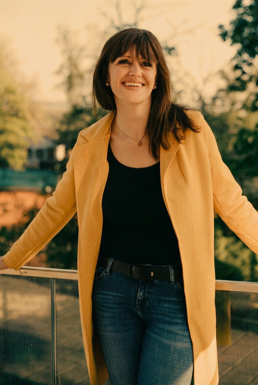 Kerstin Kunz im gelben Mantel, lachend im Abendlicht