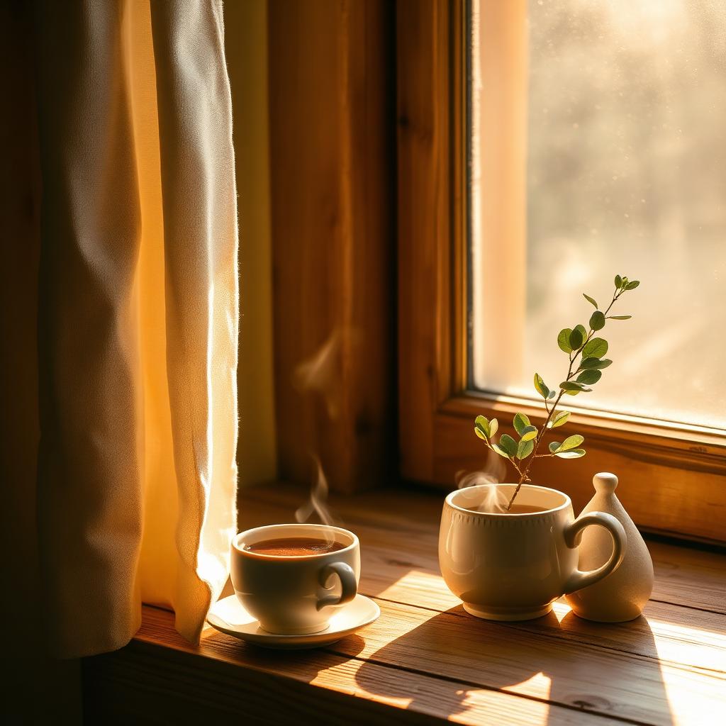 Eine Tasse Tee im warmen Morgenlicht am Fenster
