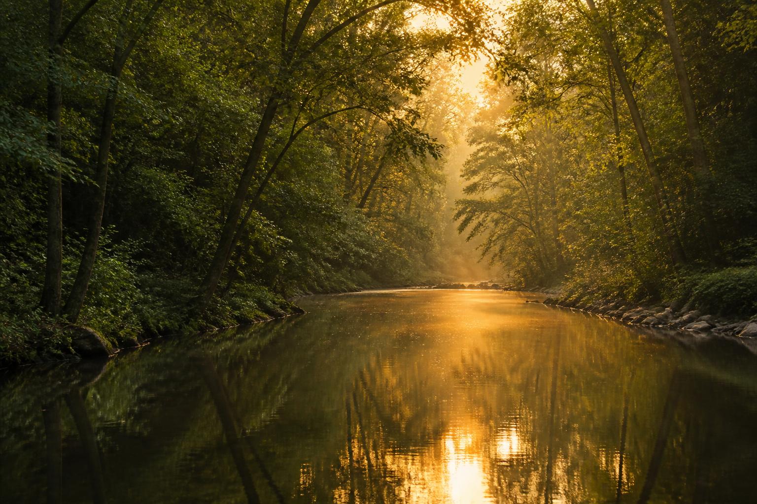 Ein ruhiger Fluss, der still durch den Wald fließt, in warmem goldenen Licht
